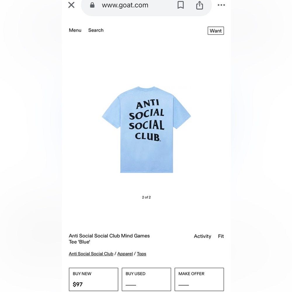 NWT Anti Social Social Club Mind Game Tee $120 MSRP